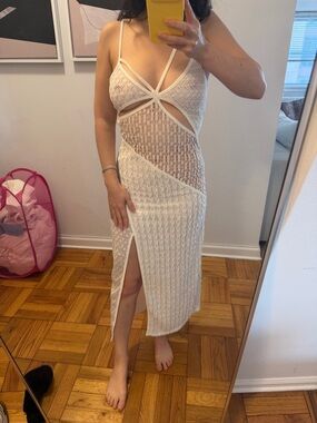 For Love & Lemons Cream Crochet Cutout Midi Dress